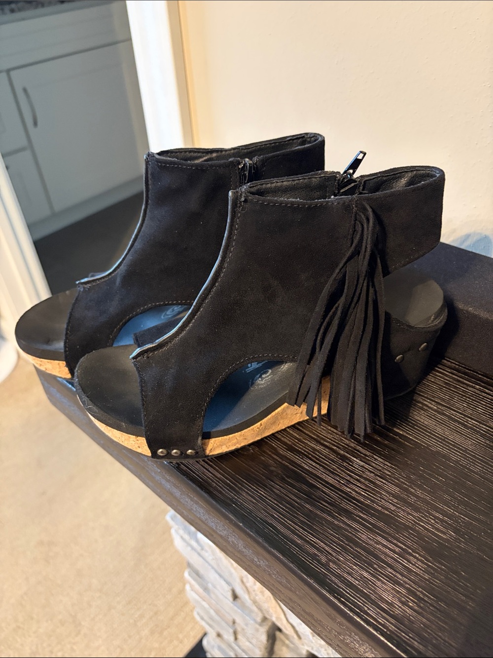 Black Fringe Cork Wedge Sandals